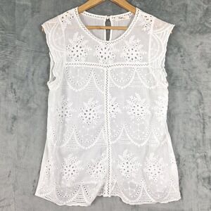 Womens Top XL White Eyelet Boho Cottagecore Embroidered Floral Feminine Festival